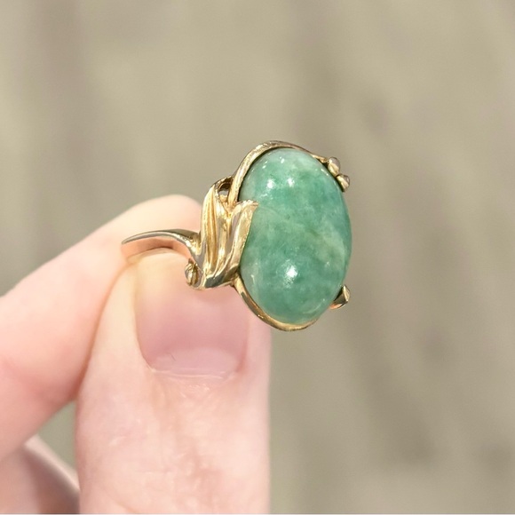 14K Large Aventurine Jade natural sparkling medium green vintage solid gold ring - Picture 6 of 11